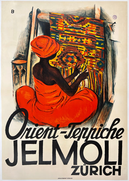 Rare authentic original ORIENT-TEPPICHE JELMOLI ZURICH (Oriental Carpets) Swiss advertising poster plakat affiche by artist Otto Baumberger printed circa 1916.