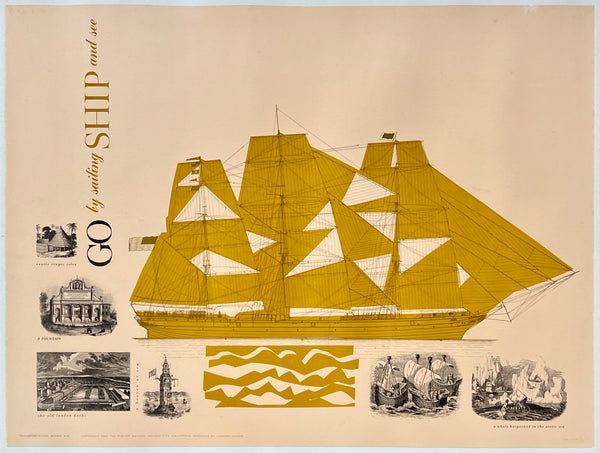 Original vintage GO BY SAILING SHIP linen backed travel, tourism, and transportation poster plakat affiche by artists Osborne Woods circa 1963.