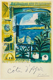 A colorful art print or poster showing an abstract coastal scene with blue water, green foliage, birds, and yellow architectural elements. The print includes a signature and the text 'Cote d'Azur' at the bottom.