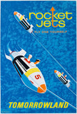 Rare and authentic original vintage DISNEYLAND - TOMORROWLAND - ROCKET JETS linen backed hand-pulled silkscreen attraction poster plakat affiche printed circa 1967.