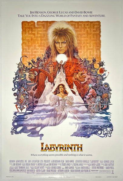 Authentic original vintage LABYRINTH linen backed one sheet movie poster printed circa 1986. The artwork features David Bowie in this movie by Jim Henson and George Lucas.