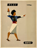 Vintage-style Qantas advertisement featuring a person in traditional attire with 'Fiji' and 'Qantas' text.