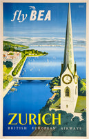 Rare authentic original vintage FLY BEA - ZURICH - BRITISH EUROPEAN AIRWAYS linen backed Switzerland travel and tourism poster plakat affiche by artist Daphne Padden circa 1954.