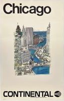 Original vintage Chicago Continental The Proud Bird With The Golden Tail linen backed aviation airline travel and tourism poster featuring beautiful artwork of the downtown Chicago and its skyline circa 1970.