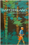Vintage travel poster for Switzerland featuring a stylized forest scene in teal, green, brown, and black, with the text 'SWITZERLAND .