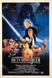 Authentic original vintage STAR WARS - RETURN OF THE JEDI - STYLE B studio style linen backed one sheet movie poster illustrated by artist Drew Struzan and printed circa 1983. The artwork features Luke Skywalker, Han Solo, Princess Leia, Lando Calrissian, C-3PO, Chewbacca, Darth Vadar and more.