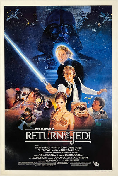 Authentic original vintage STAR WARS - RETURN OF THE JEDI - STYLE B studio style linen backed one sheet movie poster illustrated by artist Drew Struzan and printed circa 1983. The artwork features Luke Skywalker, Han Solo, Princess Leia, Lando Calrissian, C-3PO, Chewbacca, Darth Vadar and more.