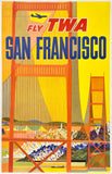 Original vintage Fly TWA San Francisco linen backed aviation travel and tourism poster plakat affiche by artist David Klein, circa 1960s.