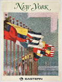 Vintage-style advertisement for Eastern Airlines featuring colorful flags and New York text.