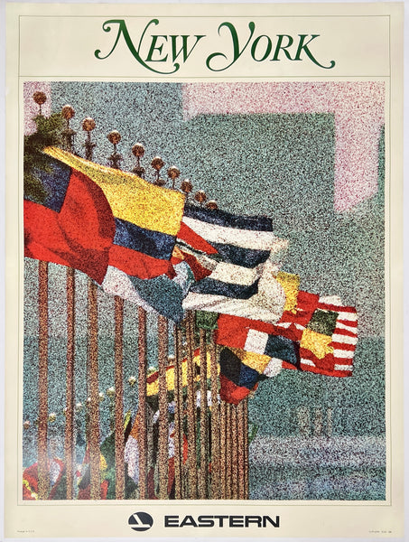 Vintage-style advertisement for Eastern Airlines featuring colorful flags and New York text.