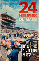 Original vintage 24 Hueres Du Mans Le Mans 1967 linen backed automobile car racing event promotional poster featuring a photo of a Ferrari by Andre Delourmel, circa 1967.