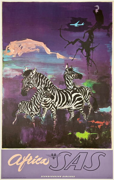 Vintage travel poster for SAS featuring zebras and a lion under a purple sky.