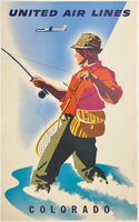 Rare authentic United Air Lines Colorado linen backed UAL original vintage airline travel and tourism fishing poster plakat affiche by artist Joseph Binder, circa 1957.