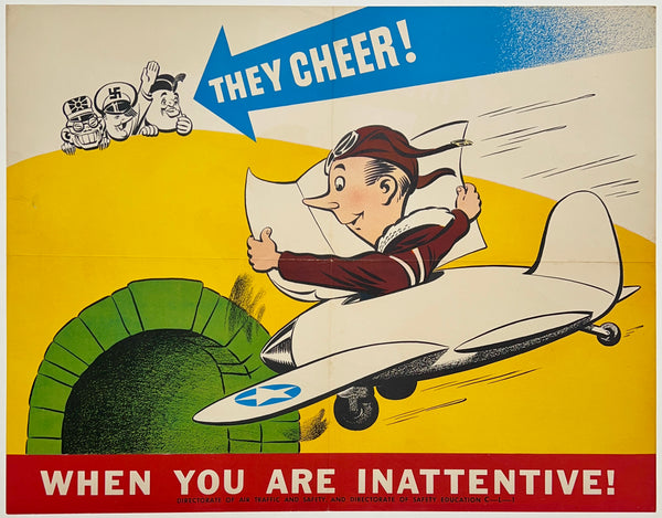 Rare authentic original vintage They Cheer When You Are Inattentive linen backed USA World War II American propaganda poster circa 1943.