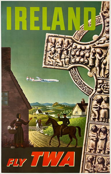 Original vintage Ireland - Fly TWA - Trans World Airlines linen backed aviation travel and tourism poster by artist S. Greco, circa 1950s.