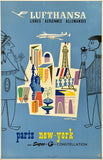 Lufthansa travel poster with stylized illustrations of famous landmarks and people, set against a blue background.