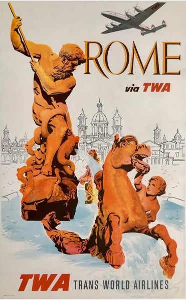 Authentic original vintage ROME VIA TWA - TRANS WORLD AIRLINES linen backed Italian aviation travel and tourism poster plakat affiche by artist David Klein, circa 1960.