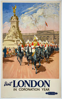 Rare authentic original vintage VISIT LONDON IN CORONATION YEAR - BRITISH RAILWAYS linen backed travel and tourism poster plakat affiche by artist Gordon Nicoll printed circa 1953.