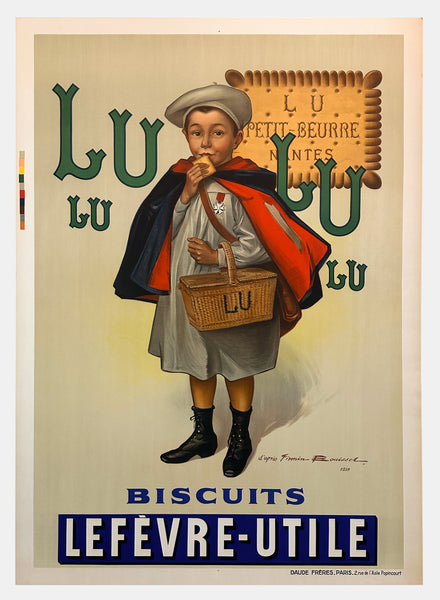 Vintage advertisement poster for Léfèvre-Utile biscuits featuring a child with a picnic basket.