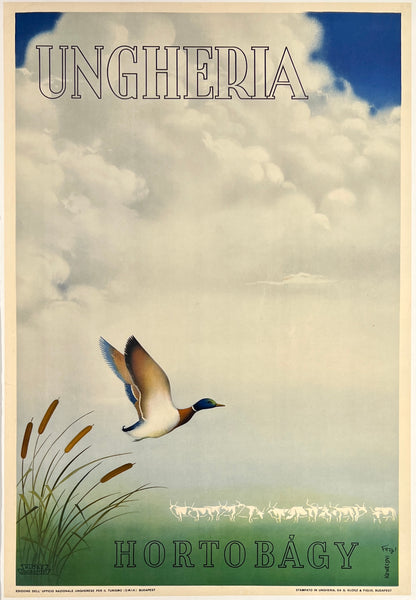 Original vintage Ungheria Hortobagy Hungarian national park linen backed travel and tourism poster plakat affiche printed in Hungary circa 1930s.