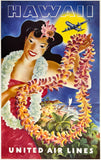 Original vintage Hawaii United Air Lines linen backed UAL airline travel and Hawaiian tourism poster plakat affiche by artist Joseph Feher, circa 1950s.