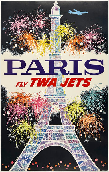 Original vintage Paris Fly TWA Jets linen backed aviation travel and tourism poster plakat affiche by artist David Klein, illustrator of airline posters for Trans World Airlines destinations. This poster, circa 1960s, features a jet soaring above the Eiffel Tower in France.