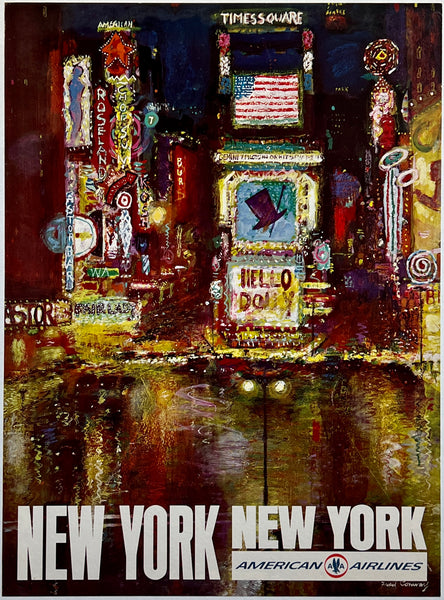 Original vintage New York - American Airlines linen backed airline travel and tourism mid-century modern poster by artist Fred Conway circa 1960s. Note, this is the small format version of this poster.