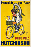 Extremely rare and authentic original vintage PNEU VELO HUTCHINSON - PLUS SOLIDE QUE L'ACIER "tires stronger than steel" linen backed tire tyre affiche plakat poster by artist Mich circa 1910.