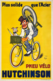 Extremely rare and authentic original vintage PNEU VELO HUTCHINSON - PLUS SOLIDE QUE L'ACIER "tires stronger than steel" linen backed tire tyre affiche plakat poster by artist Mich circa 1910.