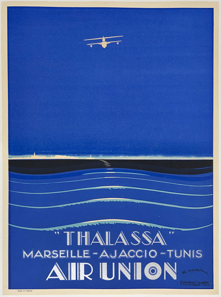Rare authentic original vintage Thalassa Marseille Ajaccio Tunis - Air Union Paris London small format linen backed travel and tourism poster plakat affiche by artist Edmond Maurus circa 1930.