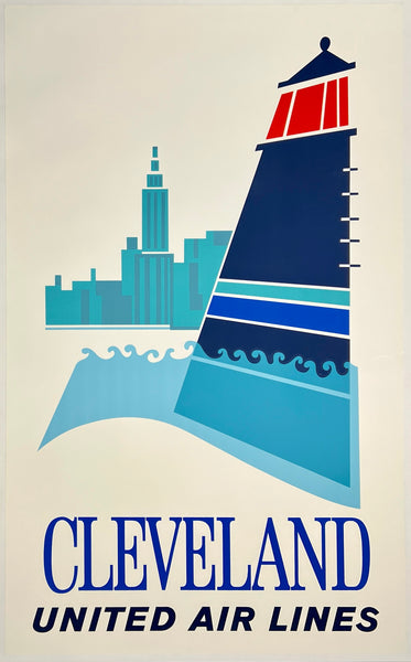 Authentic and very rare original vintage Cleveland United Air Lines linen backed UAL airline travel and tourism partial silkscreen poster circa 1960s.