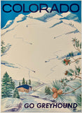 Original vintage Colorado - Go Greyhound linen backed bus travel and tourism ski poster plakat affiche circa 1960s.