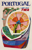 Original vintage Portugal - Fly TWA linen backed airline aviation travel and tourism poster plakat affiche by artist David Klein, circa 1960s.