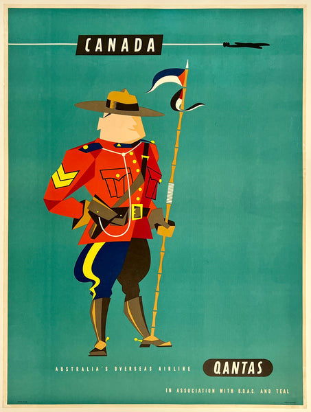 Qantas advertisement featuring a bear in a red coat with a flag, set against a teal background.