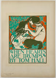 Artistic print with two figures embracing, surrounded by decorative elements and text 'When Hearts Are Trumps By Tom Hall'.