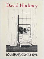 Artistic depiction of a room with a chair and window, featuring the name 'David Hockney' and event details.