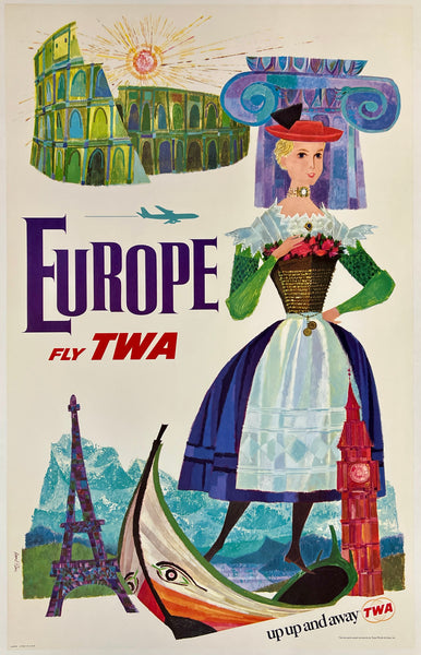 Original vintage Fly TWA Europe Up Up and Away travel and tourism poster featuring the Eiffel Tower and Roman Colosseum by artist David Klein, circa 1960s.