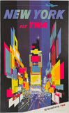 Iconic and rare authentic original vintage New York - Fly TWA linen backed aviation travel tourism poster plakat affiche featuring Times Square in beautiful stunning fluorescent dayglo colors, by artist David Klein. This poster was printed for TWA's Up Up & Away advertising campaign.