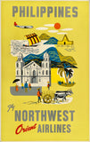 Vintage-style travel poster for the Philippines featuring cultural elements and airplane illustration on a yellow background.