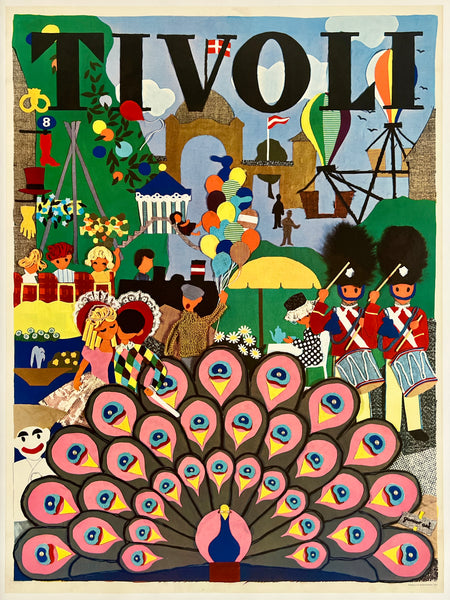 Colorful illustration of Tivoli with peacock feathers and people in costumes.