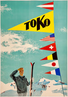 Rare authentic original vintage TOKO SKI WAX linen backed Swiss Switzerland travel and and tourism poster plakat affiche circa 1950s.