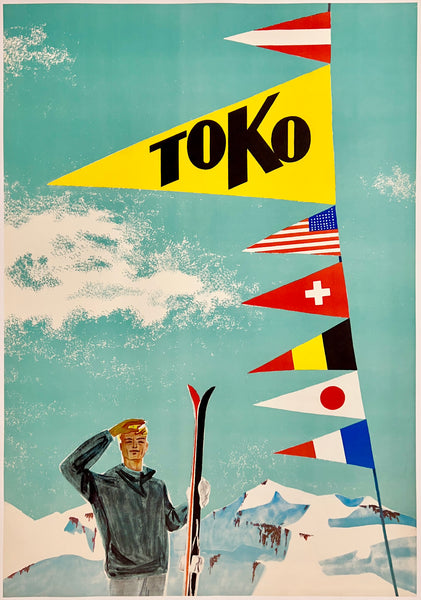 Rare authentic original vintage TOKO SKI WAX linen backed Swiss Switzerland travel and and tourism poster plakat affiche circa 1950s.