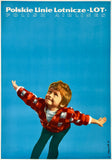 A vintage-style poster featuring a young child with arms outstretched against a solid blue background, with the text 'Polskie Linie Lotnicze - LOT - POLISH AIRLINES' at the top.