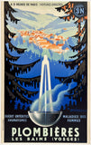 Original vintage Plombieres Les Baines (Vosges) - SNCF Chemins De Fer Francais linen backed French railroad travel and tourism poster by artist Senechal, circa 1939.
