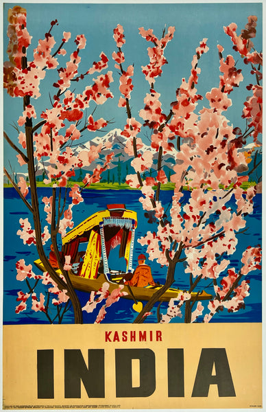 Rare authentic original vintage Visit Kashmir linen backed Indian tourism and India travel poster plakat affiche circa 1927.