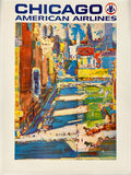 Vintage American Airlines poster of Chicago with colorful cityscape illustration.