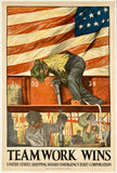 Authentic original vintage TEAMWORK WINS linen backed American World War I USA recruiting propaganda poster plakat affiche circa 1917.