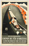 A vintage travel poster for the Chemin de Fer d'Orléans advertising a fast train journey to Paris. The poster features an Art Deco style illustration of a woman in a lounge chair on a train, with bold orange and black typography on a cream background.
