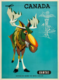 Qantas travel poster featuring a stylized moose with Canadian elements and Qantas branding.