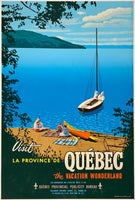 Very rare original vintage VISIT LA PROVINCE DE QUEBEC THE VACATION WONDERLAND linen backed Canadian travel and Canada tourism poster plakat affiche circa 1950s.